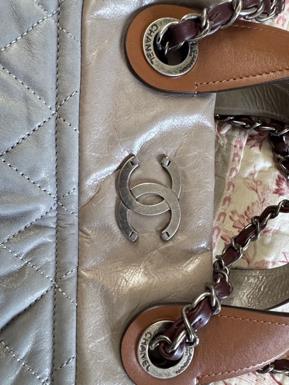 Chanel  Quilted Shoulder Bag in Light Gray with Tan Handles